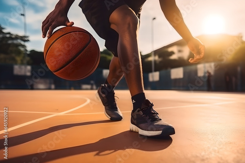 Close up basketball player playing basketball at the sport ground , sportsman with a ball over basketball court background. Outdoor courtyard sport concept
