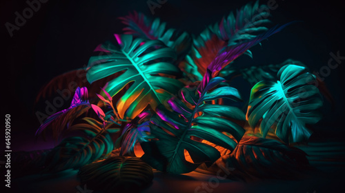 Tropical background with palm leaves and neon light frame. 3d illustration generative ai © Graphicsstudio 5