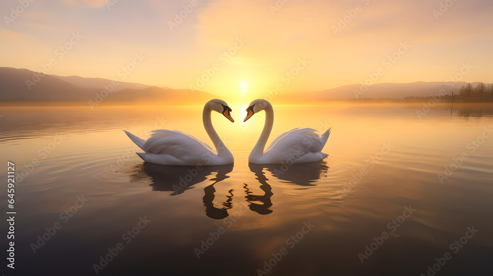 Naklejka premium 2 Majestic white swans facing each other shaping a heart as swimming in the glassy waters at the lake in front of a stunning orange sunset