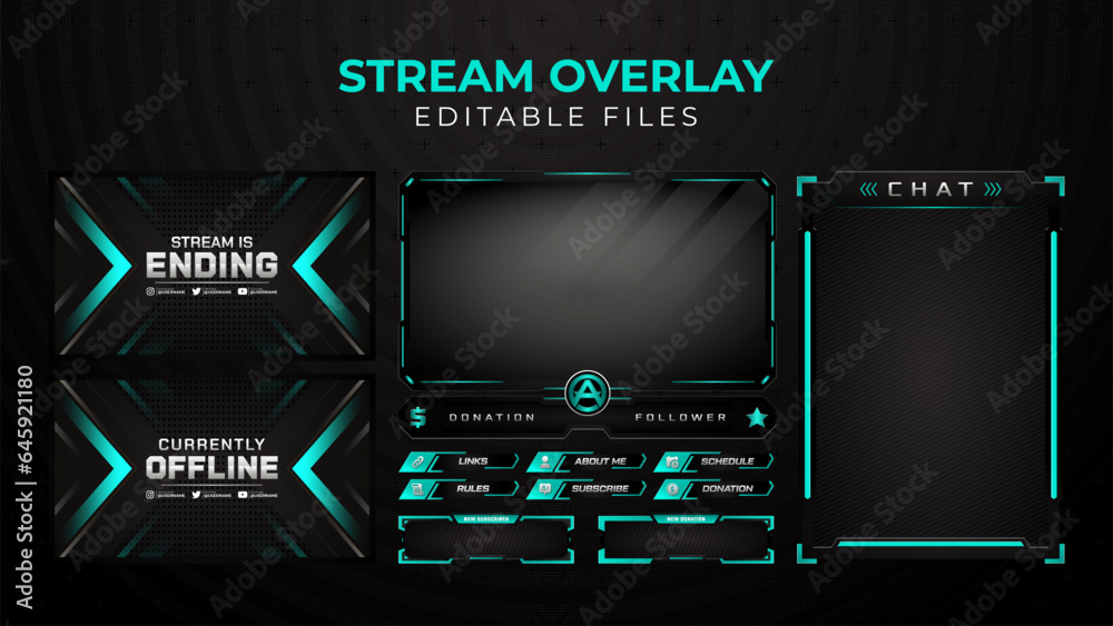 Set of modern design elements for overlay game streaming screen panel. Game frame for streamers and online video.