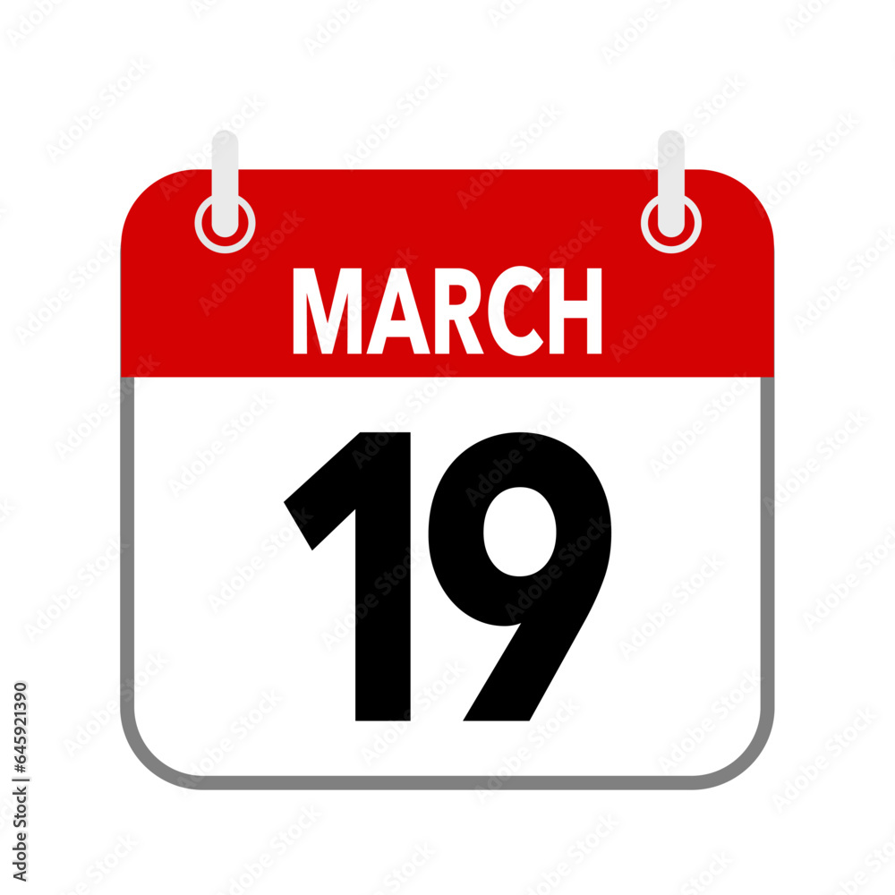19 March, calendar date icon on white background 19 March, calendar date icon on white background
