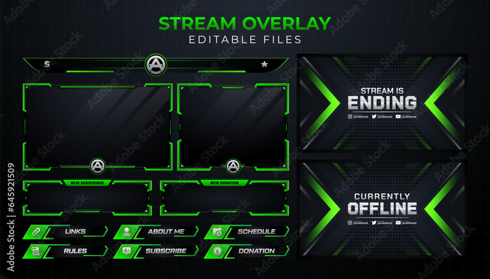Set of modern design elements for overlay game streaming screen panel. Game frame for streamers and online video.