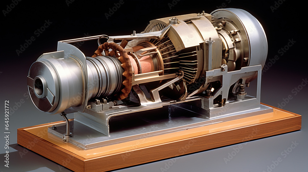 Model of turbine engine with longitudinal section for studying arrangement of blades and combustion chambers