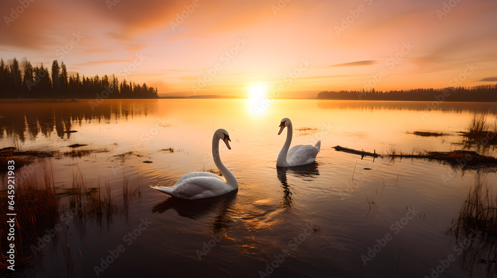 Fototapeta premium 2 Majestic white swans facing each other shaping a heart as swimming in the glassy waters at the lake in front of a stunning orange sunset