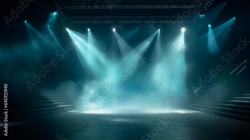 Stage blue Spotlight with smoke and spotlights, Background generative ai