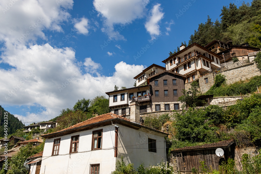 Shiroka Laka, Bulgaria hill side old houses view. Old Bulgarian houses. Old Bulgarian town