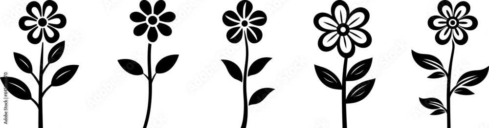 Flower with stem and leaves isolated black vector logo collection Flower with stem and leaves isolated black vector logo collection