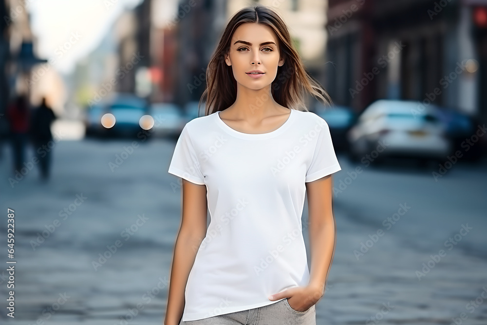 Young woman dressed in white t-shirt stands on city street. Mock up. Space for logo, text, image, design t shirt template Young woman dressed in white t-shirt stands on city street. Mock up. Space for logo, text, image, design t shirt template