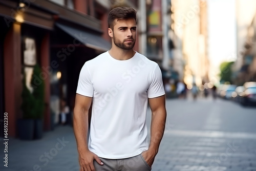 Young bearded man dressed in white t-shirt stands on city street. Mock up. Space for logo, text, image
