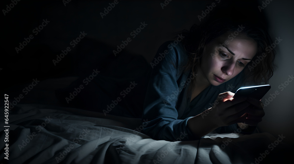 Depressed woman lying on bed using smartphone at late night, exhausted woman scrolling through social networks suffer from sleep disorder