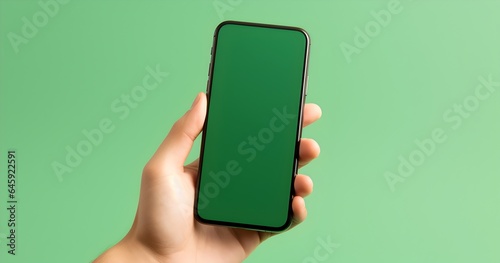 Hand holding a green smartphone on a green background Generative AI