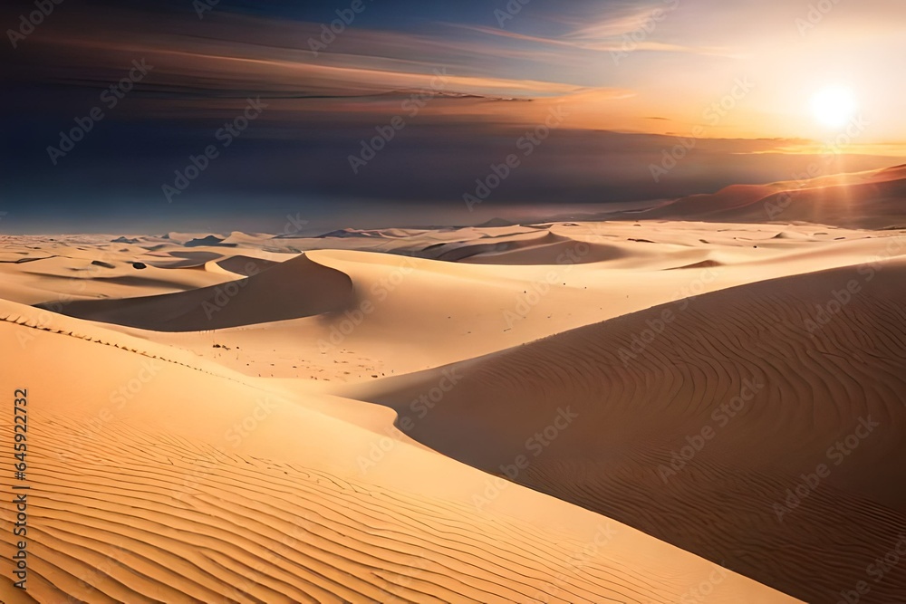 Paint a picture of a remote, windswept desert with towering sand dunes and an endless horizon