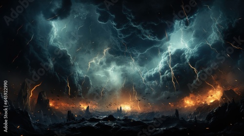 A series of surreal images of a lightning storm, rendered in a style that emphasizes its chaotic beauty.  photo