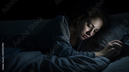 Depressed woman lying on bed using smartphone at late night, unmotivated young woman in bed scrolling through social networks suffer from sleep disorder