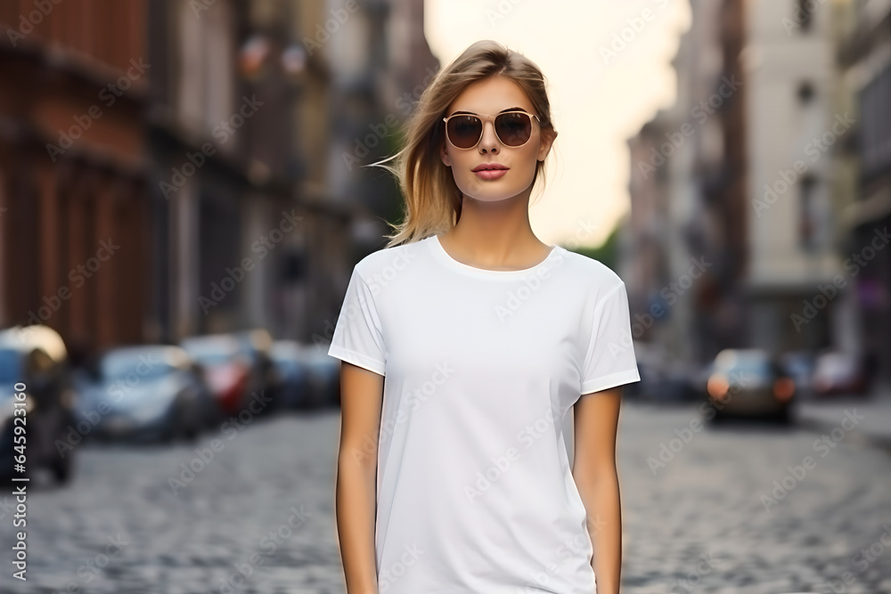 Young woman dressed in white t-shirt stands on city street. Mock up. Space for logo, text, image, design t shirt template