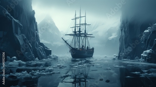 A lone iceberg floats in a dark sea. 