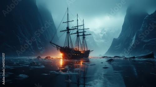 A lone iceberg floats in a dark sea. 