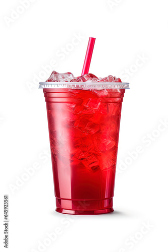 Red drink in a plastic cup isolated on a white background. Take away drinks concept