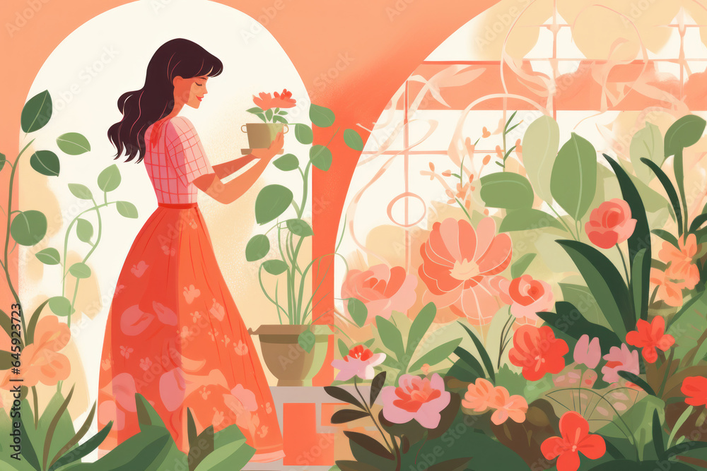 young brunette woman tending to a garden greenhouse flowers crops in colorful nature cottage core village domestic life setting in textured pencil hand drawn color block sketch illustration style young brunette woman tending to a garden greenhouse flowers crops in colorful nature cottage core village domestic life setting in textured pencil hand drawn color block sketch illustration style