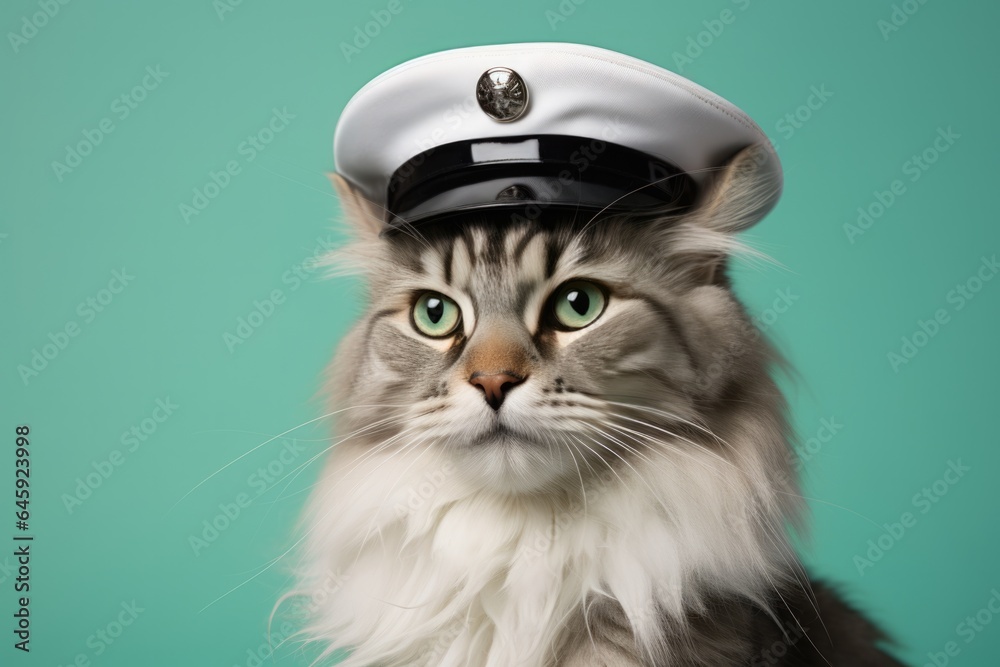 American Bobtail Cat Dressed As A Police Officer On Mint Color