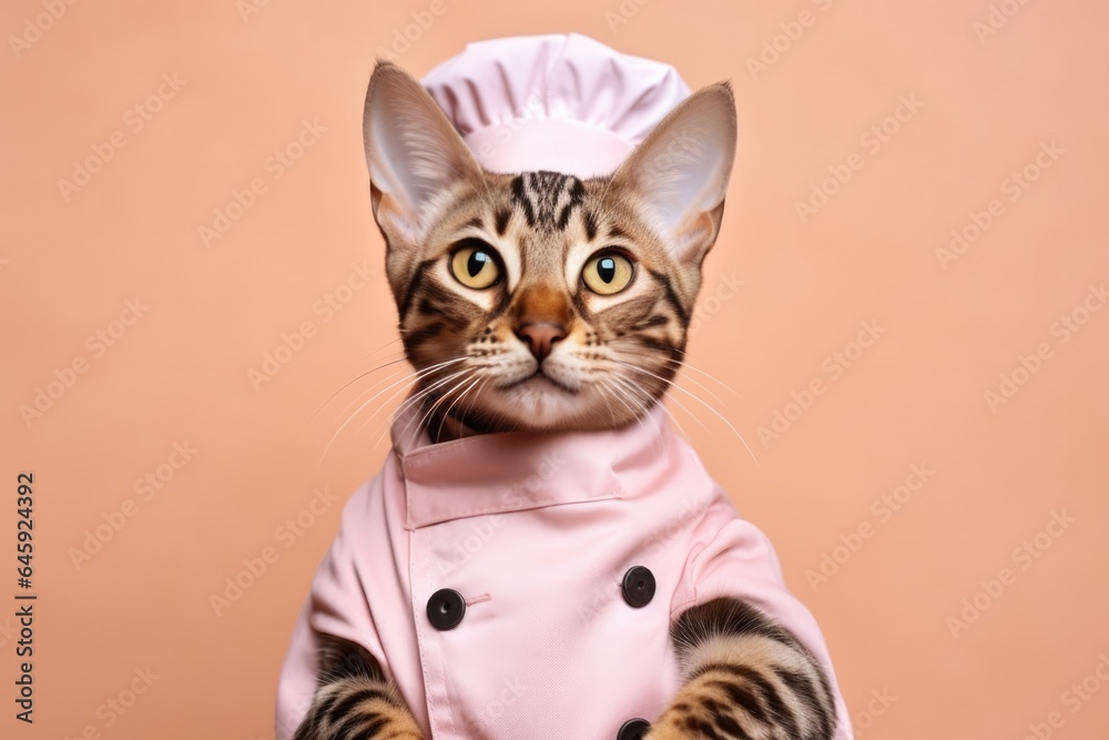 Bengal Cat Dressed As A Chef On Blush Color Background . Сoncept Bengal Cats, Kitchen Chefs, Blush Color, Cute Pet Costumes
