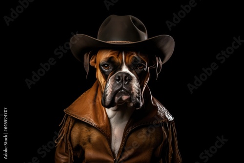 Boxer Dog Dressed As A Cowboy On Black Background. Сoncept Boxer Dogs, Dog Dressing Up, Cowboys, Black Backgrounds © Ян Заболотний