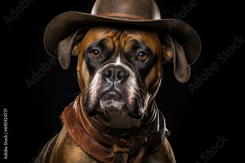 Boxer Dog Dressed As A Cowboy On Black Background . Сoncept Boxer Dogs, Dressing Dogs, Cowboys, Black Backgrounds © Ян Заболотний