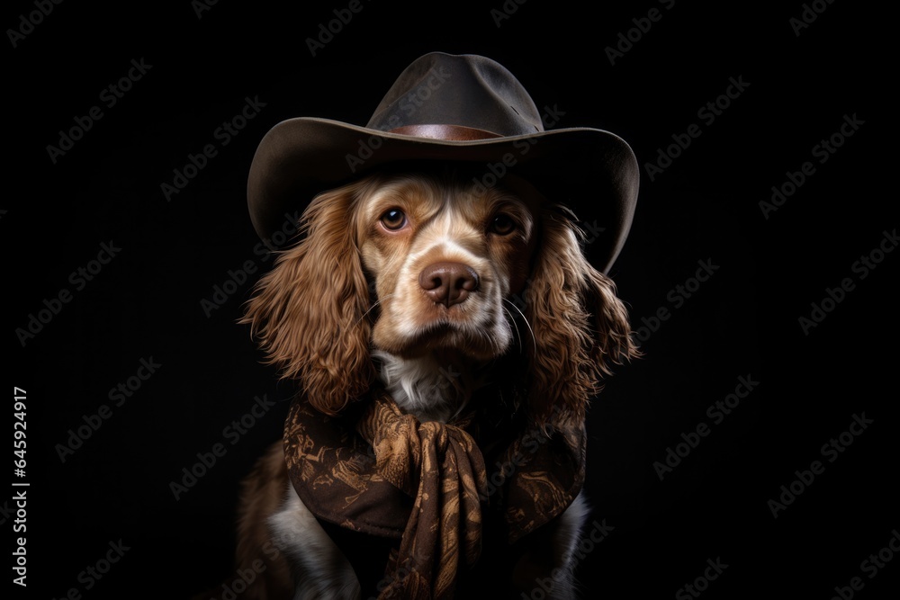 Cocker Spaniel Dog Dressed As A Cowboy On Black Background . Сoncept