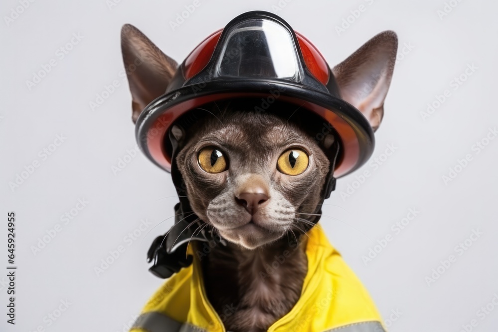 Cornish Rex Cat Dressed As A Fireman On White Background. Сoncept Cornish Rex, Cat Dressing, Firefighting, White Background