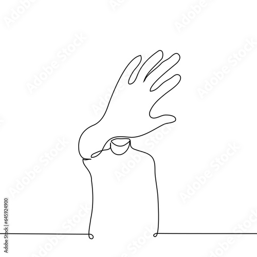 man stands covering his face with his palm - one line art vector. the concept of hiding one's face or prohibiting filming, expelling or banning