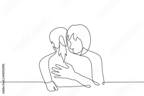 women hugging - one line art vector. concept sisters, girlfriends, lesbian couple