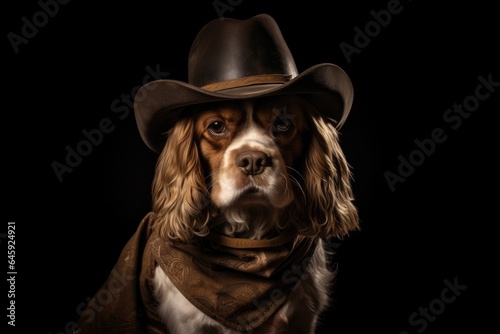 Cocker Spaniel Dog Dressed As A Cowboy On Black Background. Сoncept Cocker Spaniel, Cowboy Outfit, Black Background, Pet Photography