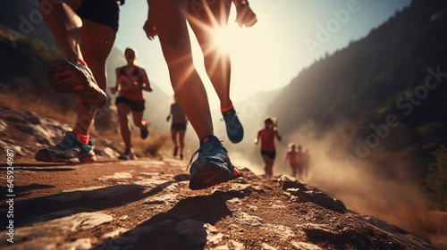 close up legs runner group running on mountain trail. Sports activities in group. Friend running on a mountain track. Detailed view. Sports activity to keep good shape.