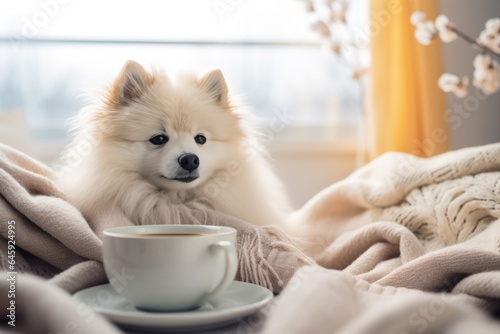 A Small Dog Sitting On A Bed Next To A Cup Of Coffee. Сoncept Home Dcor, Dog Ownership, Coffee Brewing, Pet Care