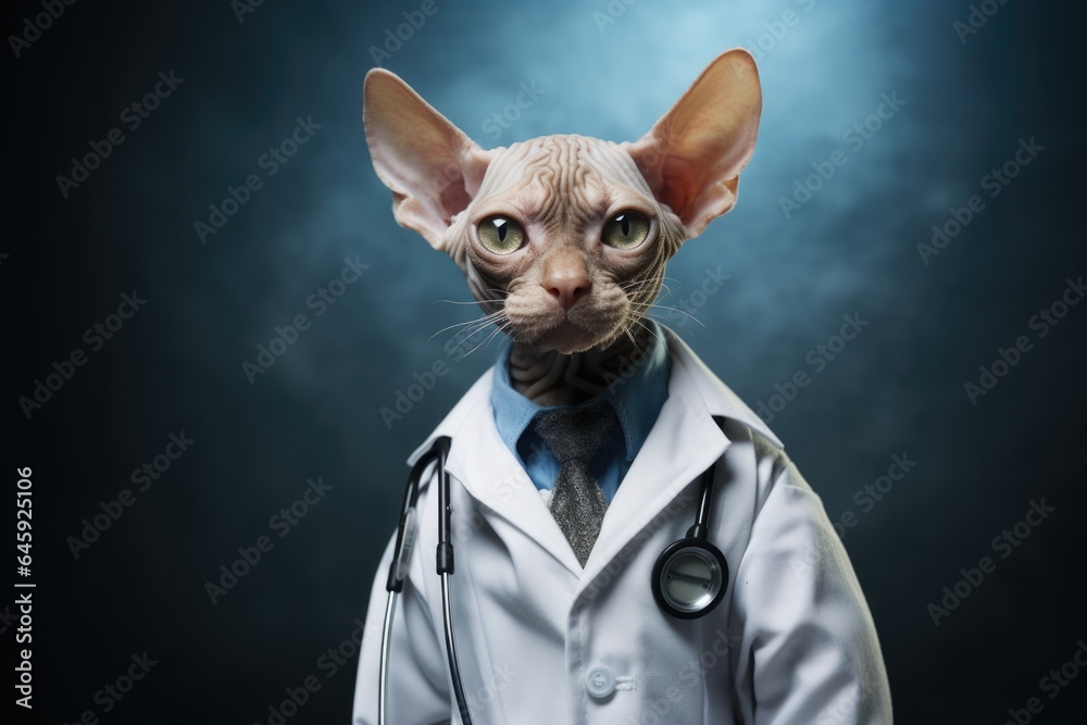 Devon Rex Cat Dressed As A Doctor At Work. Сoncept Devon Rex Cats, Doctor Fashion, Cats In The Workplace, Professional Grooming