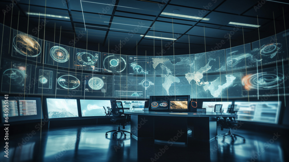 Futuristic Interior of modern conference room with world map on screen. with man, Mixed media