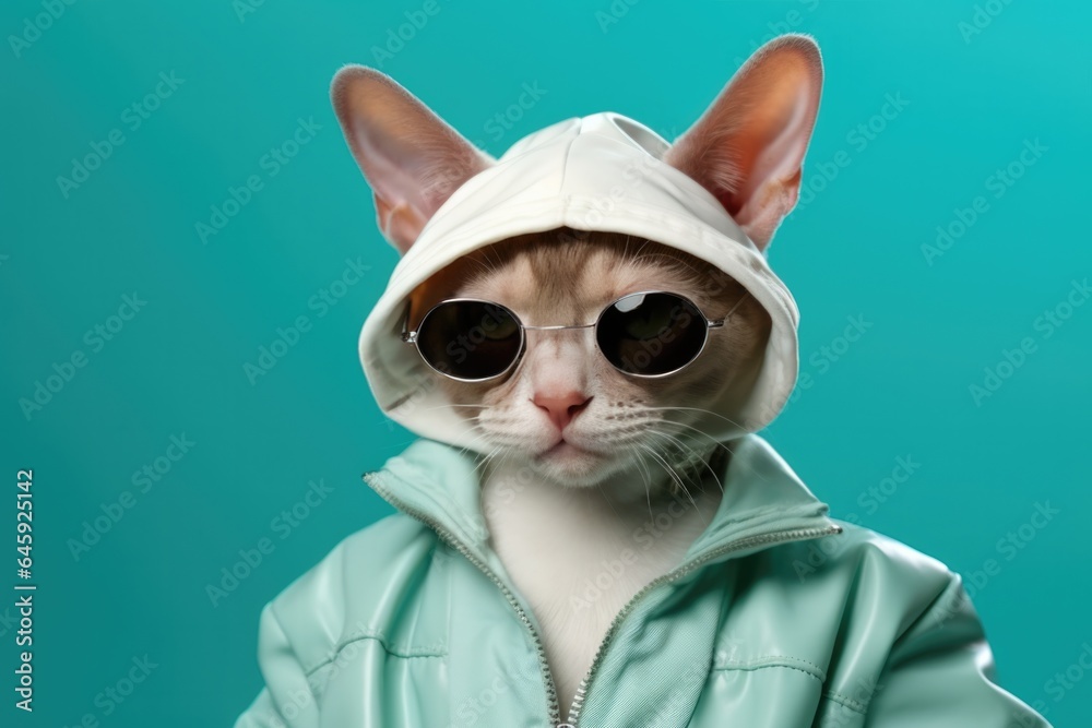 Devon Rex Cat Dressed As A Rapper On Mint Color Background . Сoncept Devon Rex Cats, Rapper Aesthetic, Mint Color Tones, Creative Cat Poses
