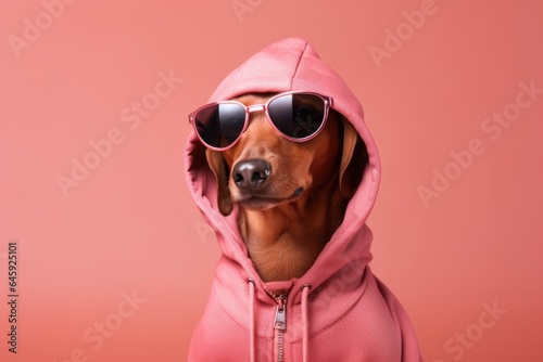 Dachshund Dog Dressed As A Rapper On Blush Color Background . Сoncept Dachshund Dogs, Pup Fashion, Humanization Of Pets, Different Colors In Photography © Ян Заболотний