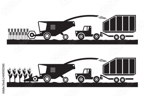 Combine harvester and tractor in wheat and corn fields - vector illustration