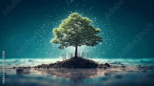 Lonely tree in the rain. 3d render illustration. generative ai
