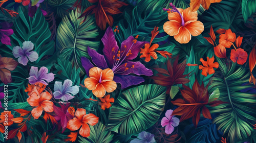 Seamless pattern with tropical leaves and hibiscus flowers generative ai