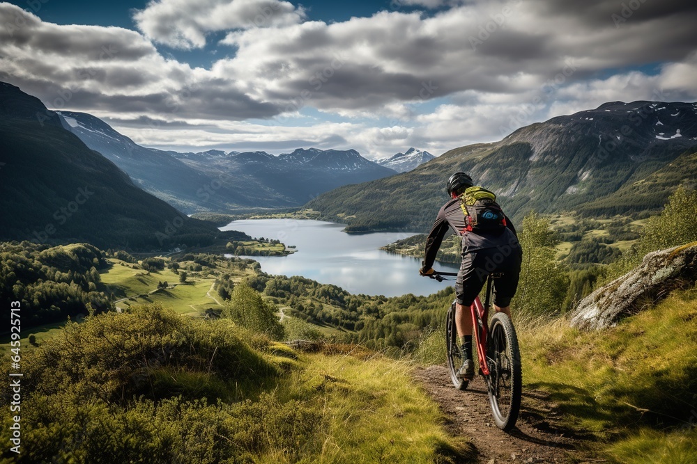 The athletic man pedals an MTB E-bike up a steep grassy hill. Beautiful view of the mountains at sunrise/sunset with sun flare. Alone in nature, thinking about life. The athletic man pedals an MTB E-bike up a steep grassy hill. Beautiful view of the mountains at sunrise/sunset with sun flare. Alone in nature, thinking about life.