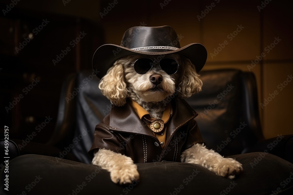 Poodle Dog Dressed As A Cowboy At Work. Сoncept Poodle Dogs At Work