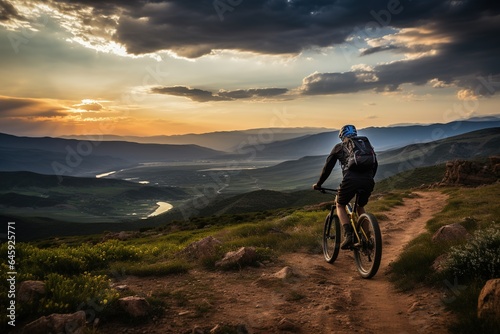 The athletic man pedals an MTB E-bike up a steep grassy hill. Beautiful view of the mountains at sunrise/sunset with sun flare. Alone in nature, thinking about life.