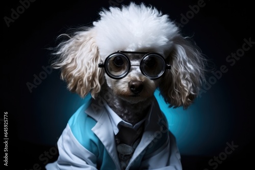 Poodle Dog Dressed As A Doctor On Black Background photo