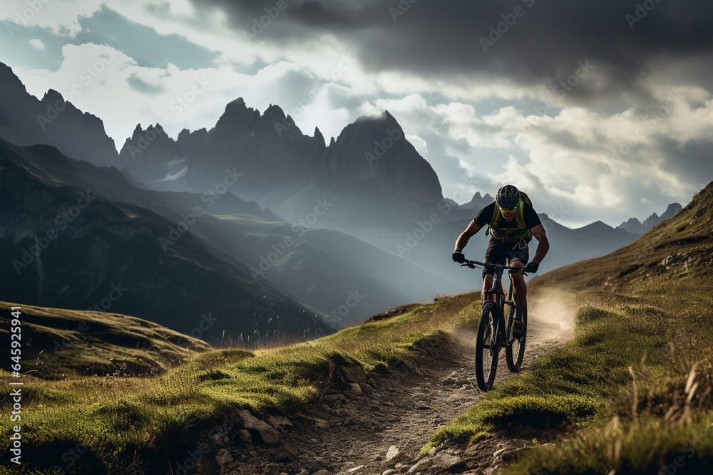 The athletic man pedals an MTB E-bike up a steep grassy hill. Beautiful view of the mountains at sunrise/sunset with sun flare. Alone in nature, thinking about life.