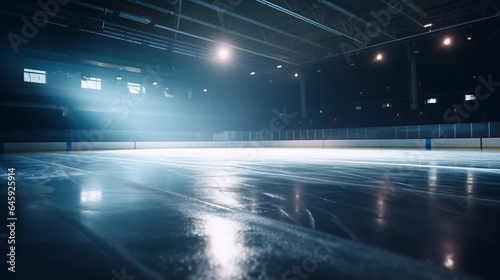 Ice hockey arena with lights and ice skates. 3d rendering generative ai © Graphicsstudio 5