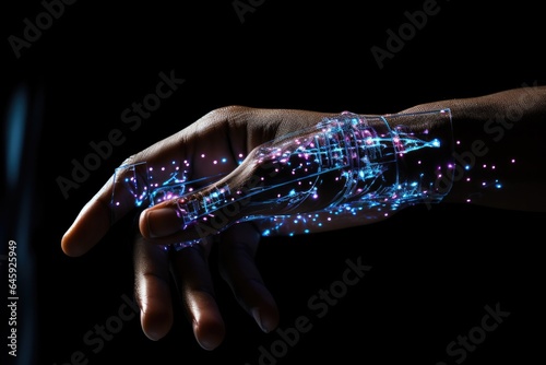 Cyber Hand Constellation Cyber Hand Holding Constellation Ai Technologyon Black Background. Сoncept Cyber Hand Constellation, Cyber Hand Holding Constellation, Ai Technology, Dark Background