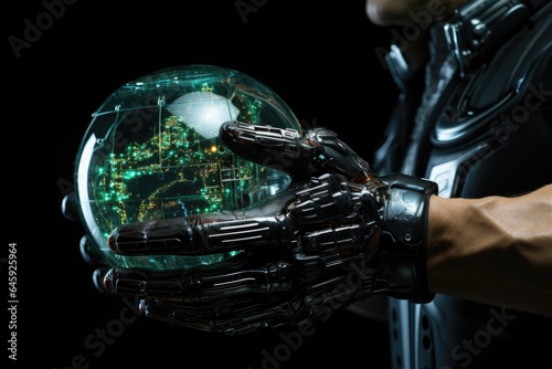 Cyber Hand Earth Cyber Hand Holding Earth Ai Technologyon Black Background . Сoncept Cyber Hands, Earth Conservation, Ai Technology, Black Background