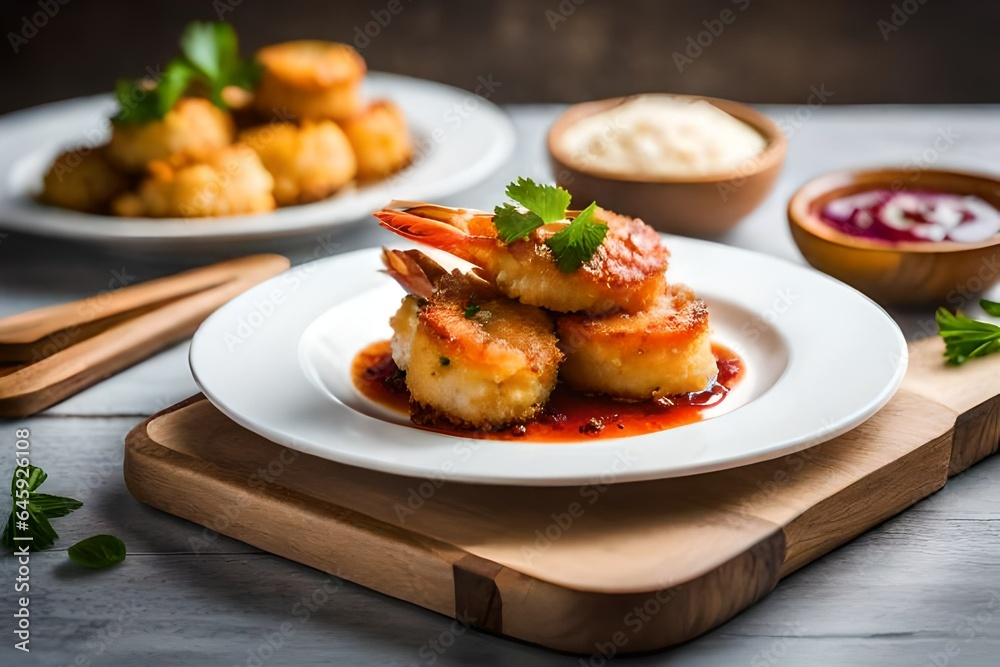 Fried prawns on white plate generated by AI tool. Fried prawns on white plate generated by AI tool.
